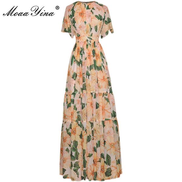 

bohemian summer fashion long holiday dress women short sleeve high waist yellow camellia print chiffon 210524, Black;gray