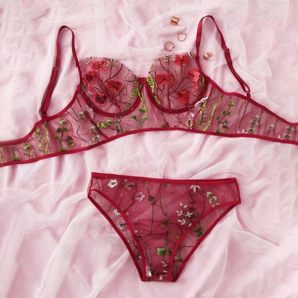 

bras sets floral embroider women lingerie set see-through lace babydoll unpadded bra high waist g-string thong underwear, Red;black