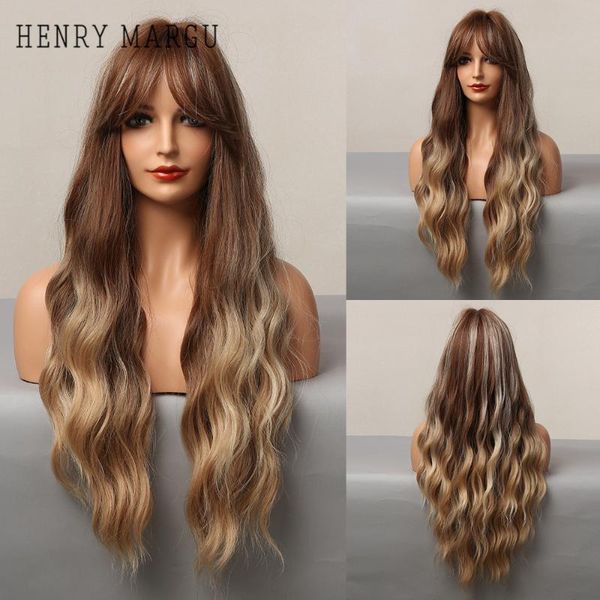 

long water wavy brown blonde white ombre synthetic wigs with bangs natural cosplay wig for women heat resistant, Black