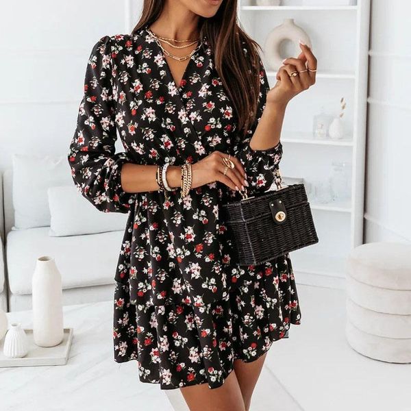 

casual dresses floral dress woman ruffles mini v neck party for women 2021 a line long sleeve autumn sundress robe femme, Black;gray