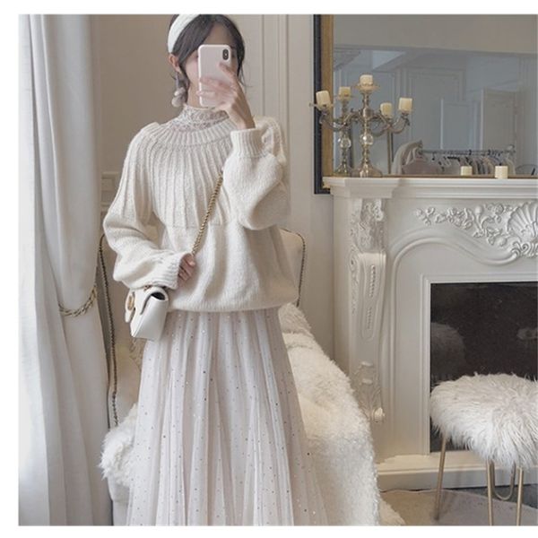 

two piece dress zawfl - knitted long sleeve suit + mesh pleated skirt, 2-piece leisure suit, spring and autumn, 2021, White