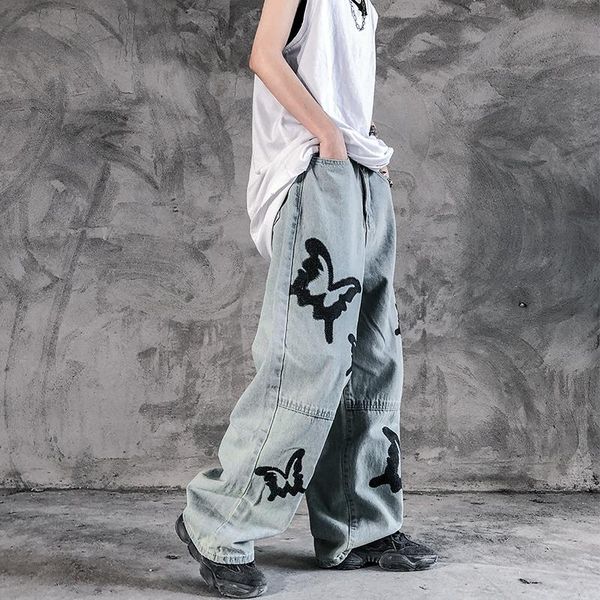 

women's jeans zcsmll ins street fashion brand butterfly print falling feeling mopping denim trousers loose straight wide leg pants wome, Blue