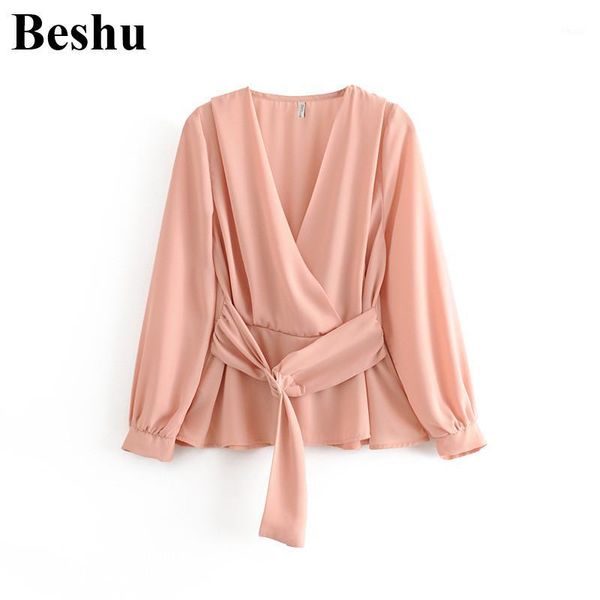 

women's blouses & shirts 2021 fashion sweet shirt women pink v-neck with belt chiffon long sleeve blouse elegant double blusas vestido, White