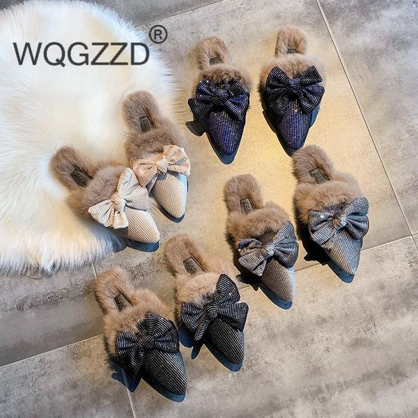 

slippers women fur mules shoes bow-knot lazy, Black