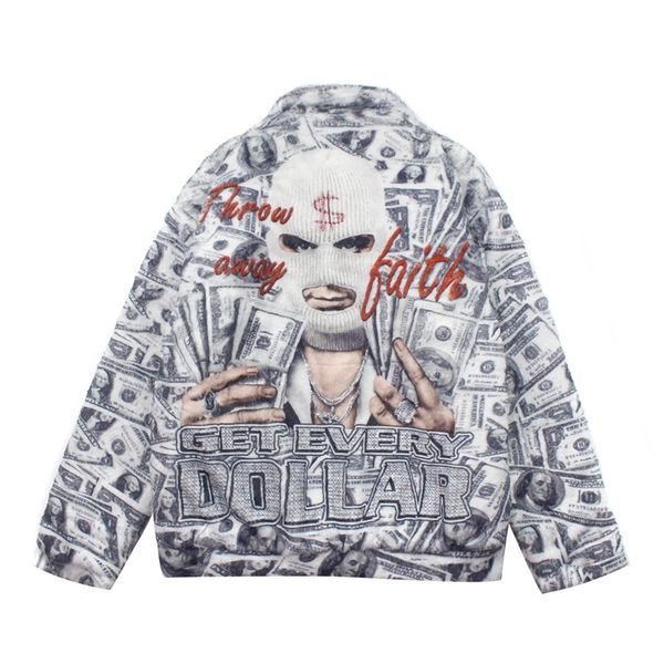 

dollar full printed plush cotton jacket men's fashion brand loose lapel cotton jacket winter thickened cotton jacket, Black