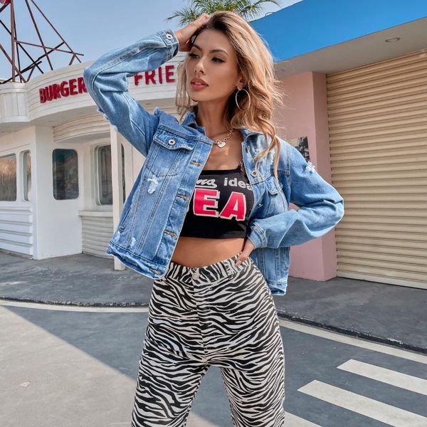 

spring autumn women's denim jacket korean style solid color casual loose hole coat blue jackets jeans coats female 2021, Black;brown