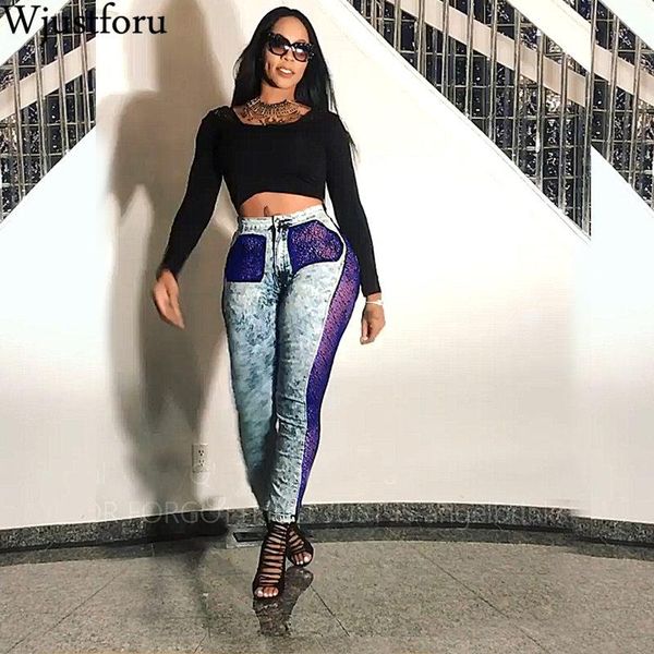 

wjusforu patchwork lace jeans for women fashion club pencil denim pants female packet bodycon elegant jean vestidos women's, Blue