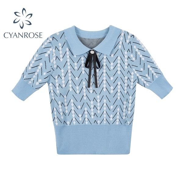 

crop knitted women korean ol lapel bow collar vintage striped short sleeve bodycon blouses and shirts ins blusas 210515, White