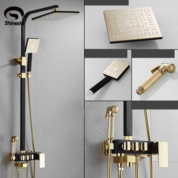 

black gold bath shower set mixer faucet abs prain head with handheld bidet wall mount bathroom sets