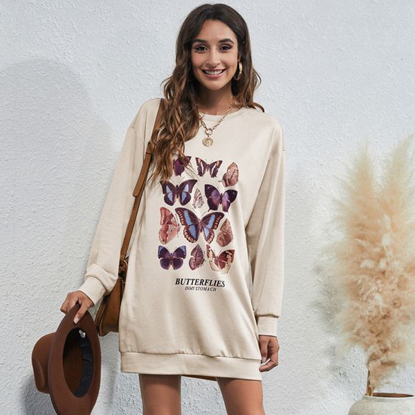 

woman casual loose butterfly print mini sweatshirt dress autumn fashion long sleeve crewneck robe femme white slim dresses women, Black;gray
