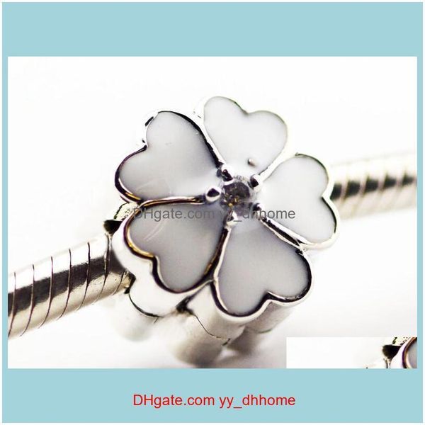 Charms Risultati Componenti Jewelrypandora White Primrose Clip Fiore smaltato Charm 925 Sterling Sier Branelli allentati per filo Bracciale Fashon