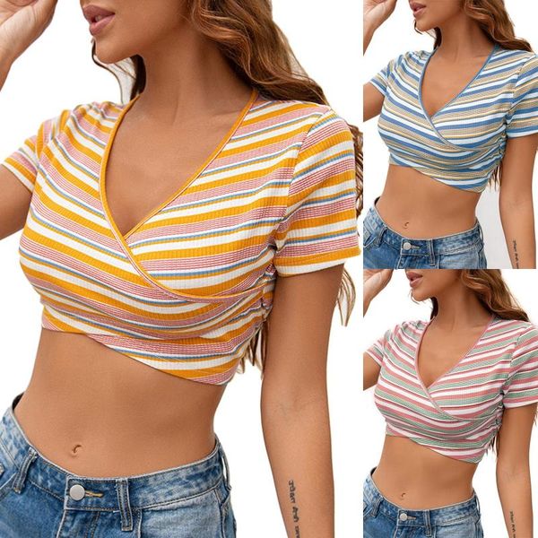 

womens super short navel cross v-neck short-sleeved striped tshirt spring summer fashion frau tshirts sweetshirt, White