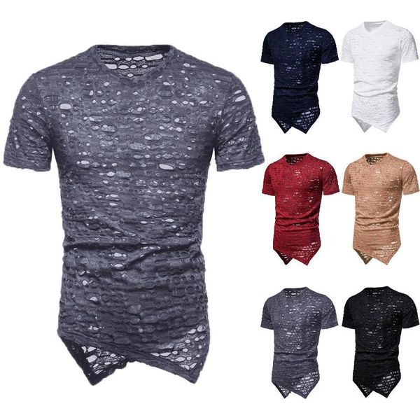 

men's t-shirts 2021 6-color elastic fitness asymmetric hollow hole punk style v-neck short-sleeved bottoming t-shirt m-3xl, White;black