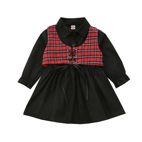 Mädchen Lässige Zweiteilige Kleidung Sets Schwarz Einfarbig Langarm Kleid mit Kragen und Plaid Gedruckt Muster Tank Tops G1026