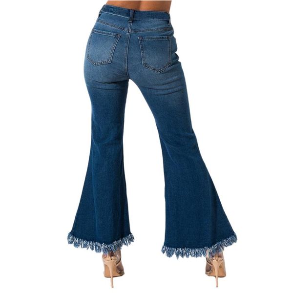 

women's jeans tsuretobe elegant denim flare pants tassel ripped women autumn high waist wide leg casual bell bottom female, Blue