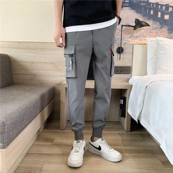 

men's pants summer tie feet overalls harajuku thin ankle-length cargo trousers sportswear boys joggers male clothes 2021, Black