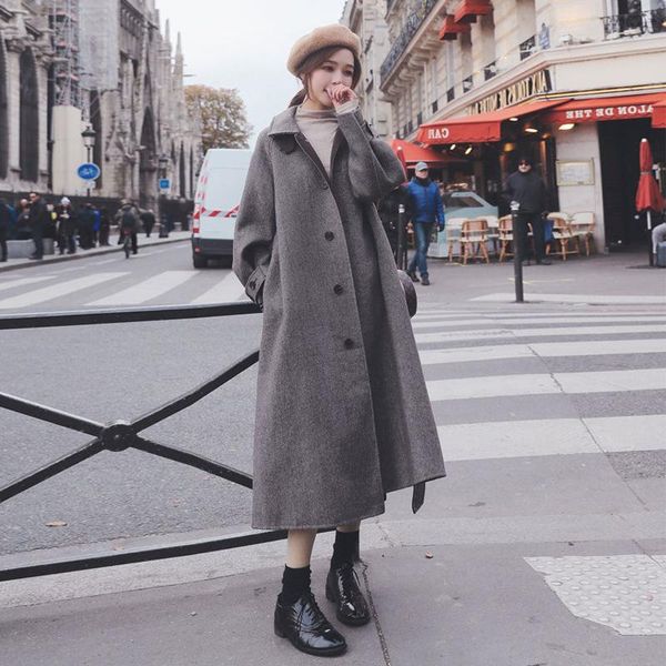 

women's wool & blends herringbone woolen overcoat elegant 2021 autumn and winter cinched thickening long below the knee coat fashion, Black