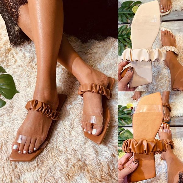 

puimeniua women transparent slippers pleat ladies flip flops fashion square toe casual flats beach shoes woman summer footwear, Black