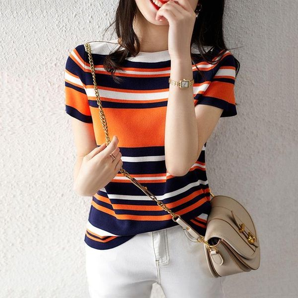 

women's t-shirt the color-blocking striped short-sleeved summer ice silk contrast color sweater is thin and top, White