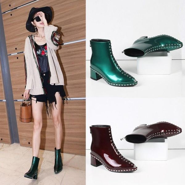 

boots fashion autumn style square head thick heel high-heeled women's patent leather short, Black