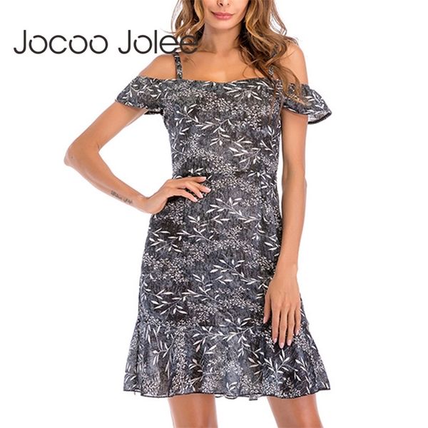 

women strap floral print ruffled mini elegant off shoulder slim chiffon casual summer beach party dress 210416, Black;gray