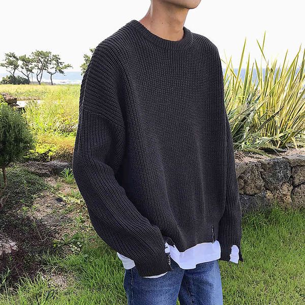 

winter men's oversize solid color coats round neck knitting in warm cashmere pullover casual mens woolen sweater size -2xl 210524, White;black