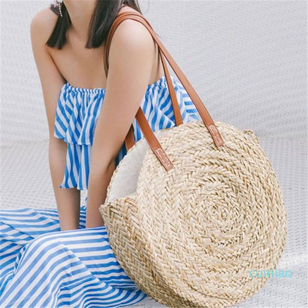 

fashion round straw bags rattan women shoulder bags casual wicker woven handbags moroccan palm basket beach bag summer big