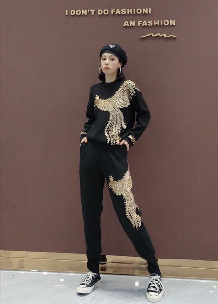 

loose knit casual pants suit q145 women's two piece, White