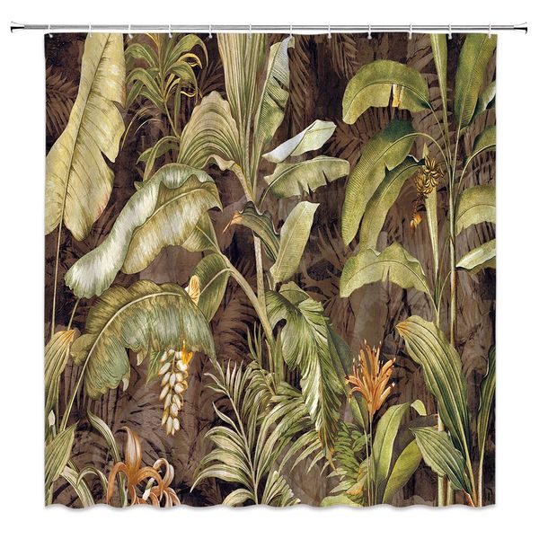 

tropical plant shower curtain decor banana leaf flower vintage exotic jungle tree brown green fabric bath curtains bathroom
