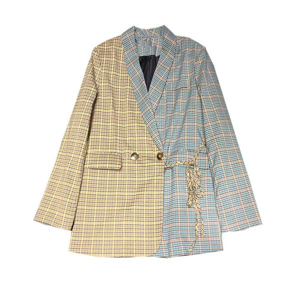 

women's suits & blazers plaid blazer design mosaic checked side lace mid-long suit jacket retro color woman, White;black