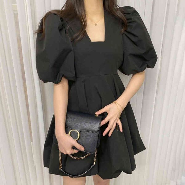 

spring female casual elegante square collar solid color short puff sleeve minimalist white back a-line dress 8p102 210510, Black;gray