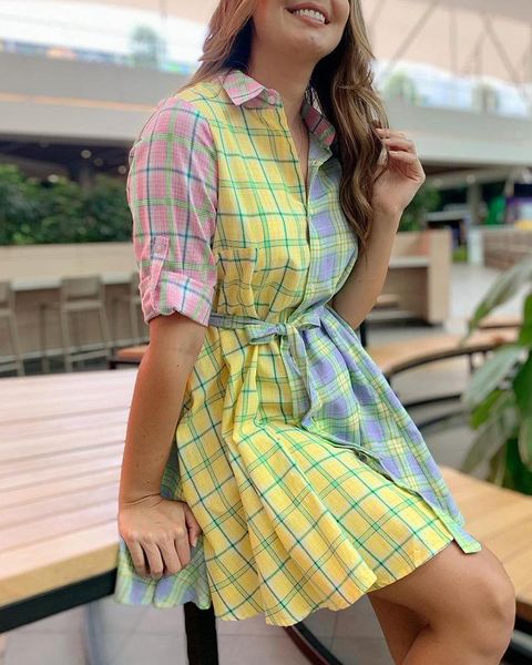 

casual dresses style shirt skirt suit work temperament commuter color plaid long-sleeved waist dress, Black;gray