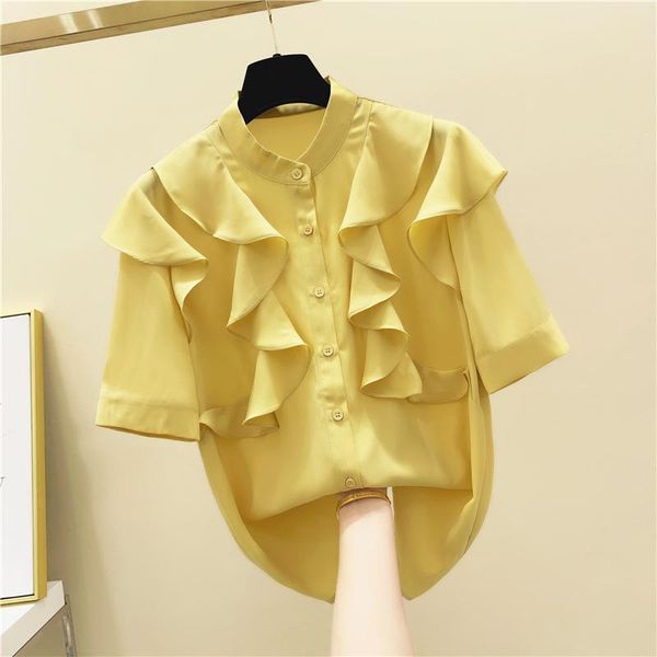 

women's blouses & shirts ruffle shirt woman stand collar short-sleeve chiffon blouse 2021 spring summer korean style yellow, White