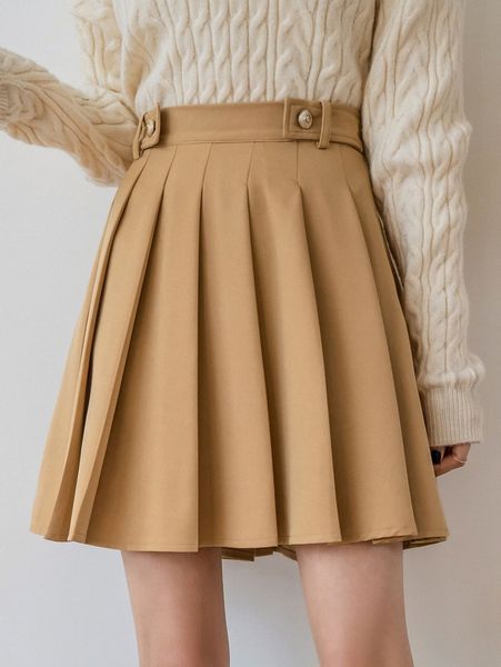 

dazy high waist button detail pleated skirt q04z#, Black