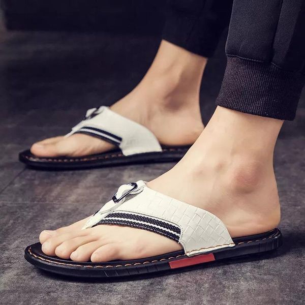 

slippers shoe brands men's flip flops genuine leather luxury beach casual sandals summer for men fashion shoes white, Black