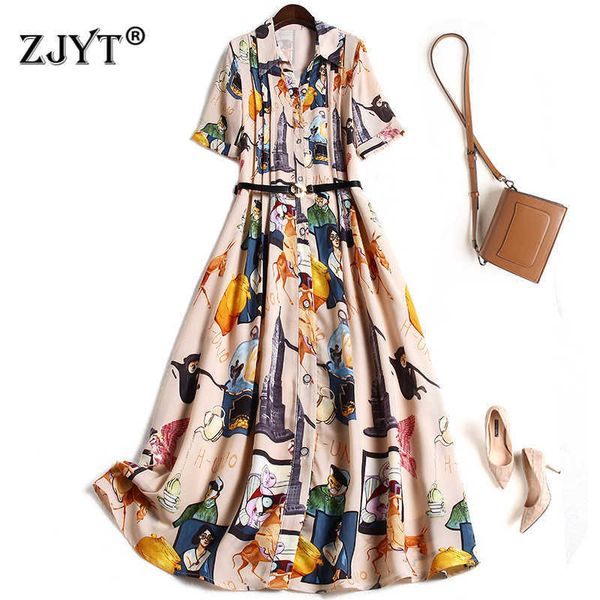 

fashion short sleeve cartoon print single breasted midi summer women's dress female clothing casual aline vacation vestidos 210601, Black;gray