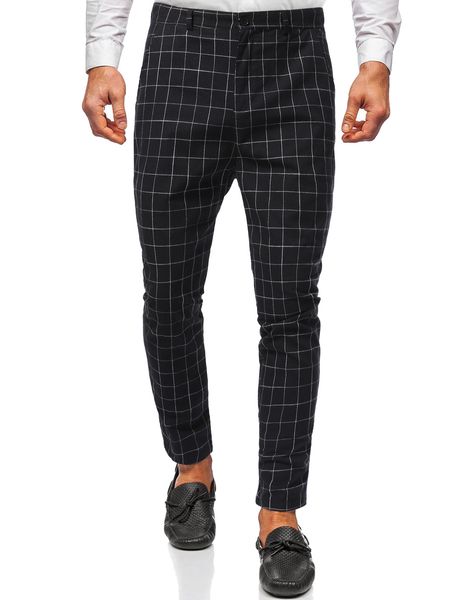 

men's striped plaid pants stitching button style fashion trend casual trousers print office pencil pant eu size outwear hz35, Black
