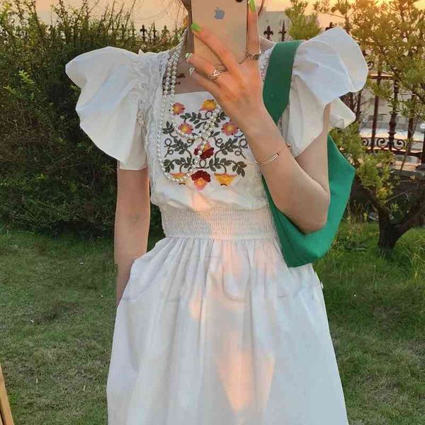 

women elegant floral flying sleeve dress white square collar summer sweet vintage female embroidery korean party vestidos 210517, Black;gray