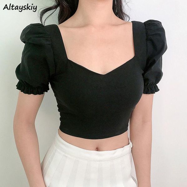 

women's blouses & shirts women cropped pure trendy short sleeve simple design college square collar slim summer 2021 ly all-match dail, White
