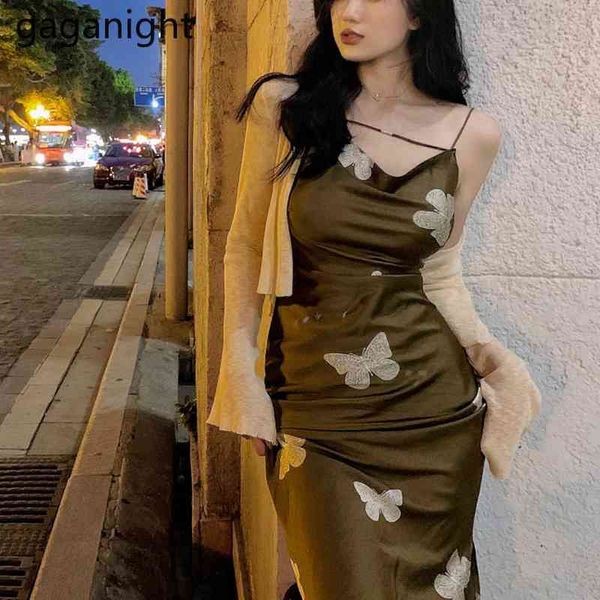 

gaganight summer two piece sets women v neck split satin printed spaghetti strap dress+solid knitted cardigans suit 210519, White