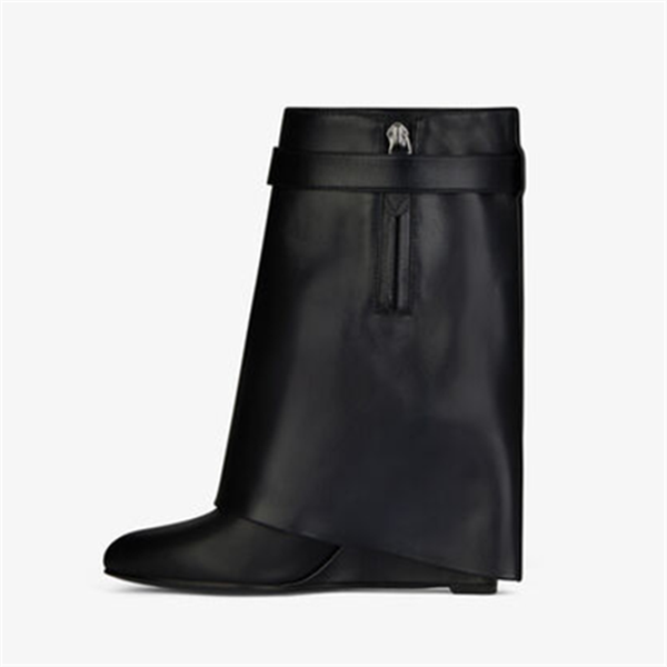 

boots 2021 lock design genuine leather women wedge height increasing fold over high boot female mid-calf riding6624095, Black