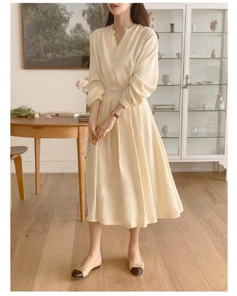 

casual dresses chic korean fashion women temperament office lady elegant work basic wear solid vintage long shirt dress fenimine vestidos, Black;gray