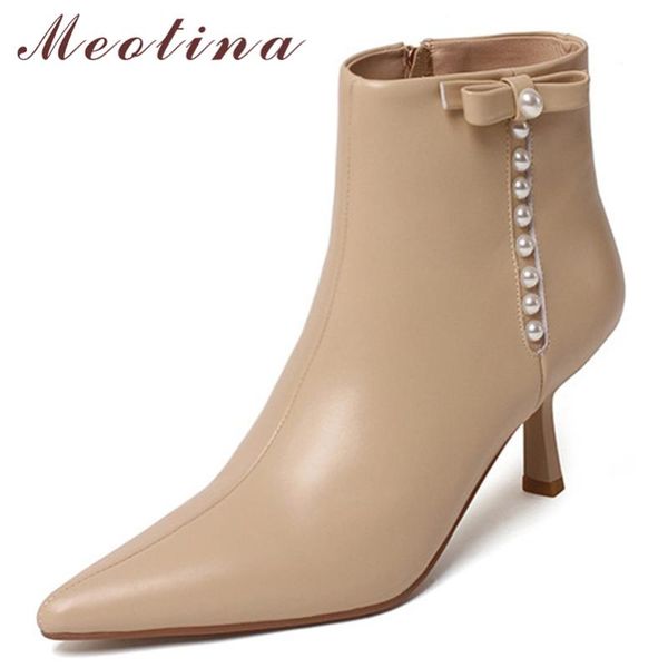 

boots meotina women genuine leather ankle pointed toe thin high heel zippe string bead ladies autumn winter black