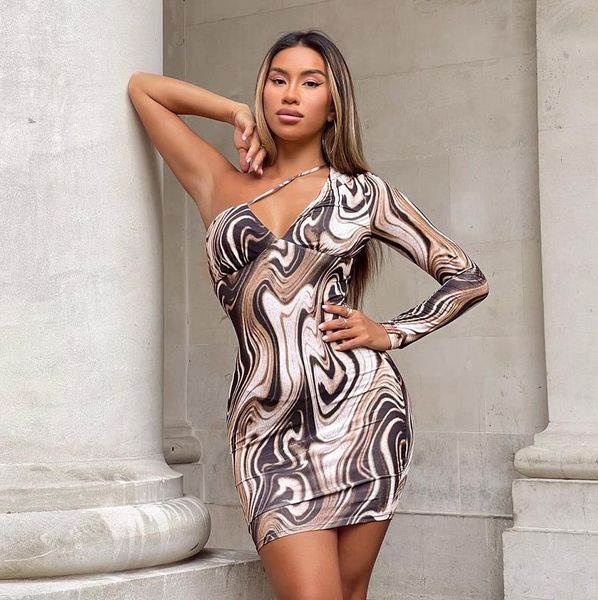 

casual dresses women's one shoulder design irregular clubwear dress female girls ripple print v-neck long sleeve cutout bodycon, Black;gray