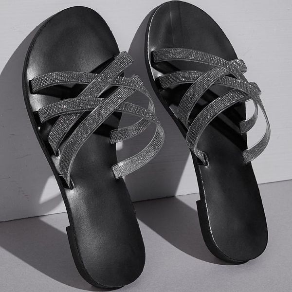 

slippers 2021 fashion women's shining point rhinestone flat cross strap all-match beach shoes, Black