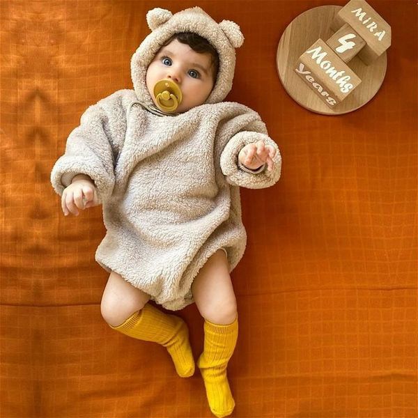 

rompers born baby autumn winter clothes boys girls long sleeve romper hoodies solid color fleece warm infant outfits 0-24m, Blue