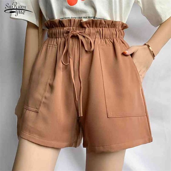 

loose high waist women shorts wide leg chiffon female pockets apricot black summer chic korean cargo 9650 210421, White;black