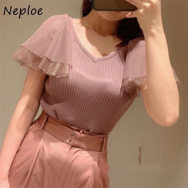 

sweet all-match butterfly sleeve mesh patchwork t-shirt v-neck knit tee solid color slim fit women t shirts 210422, White