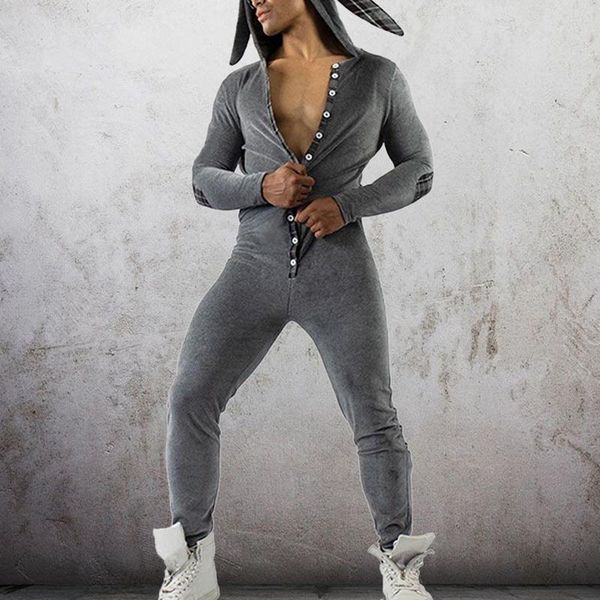 

men's tracksuits 2021 men button jumpsuit long sleeve ears hooded collar pants openable hip pajamas solid color rompers, Gray