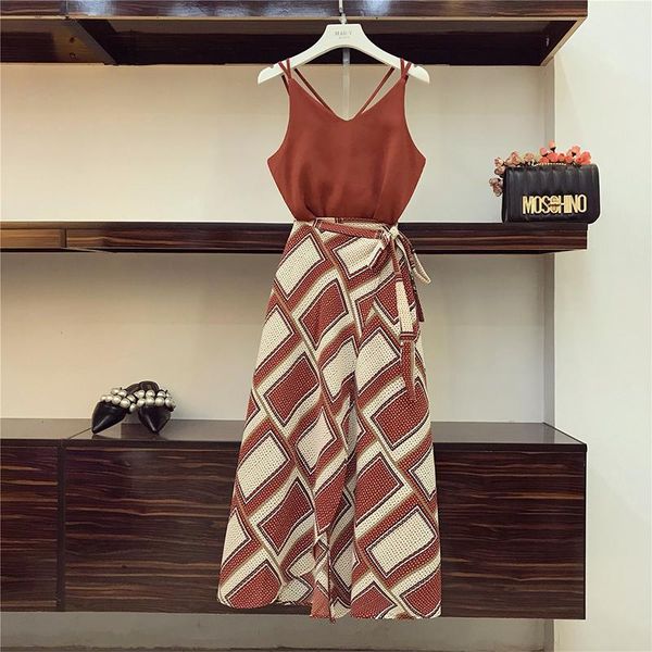 

holiday wind bohe skirts suit women summer suspender vest + high waist split fork printing skirt 2 piece set women's two pants, White